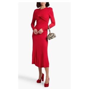 FARM Rio Twisted Jersey Midi Dress Red Long Sleeve Shoulder Pads Size‎ S (J)